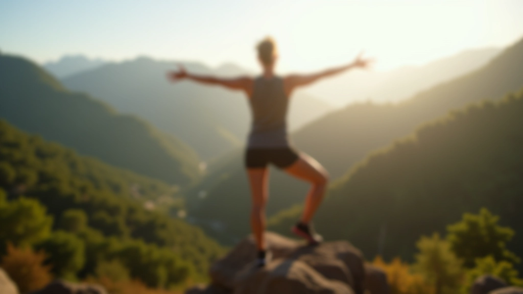 Adult woman aged 45 stretching and warming up muscles before hiking activity