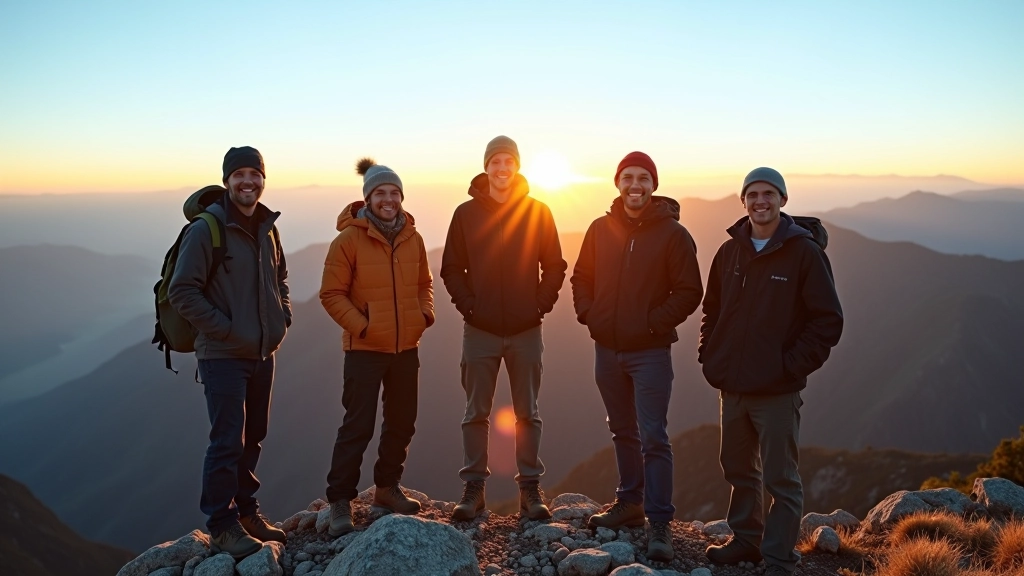 Hikers reaching mountain summit with panoramic views