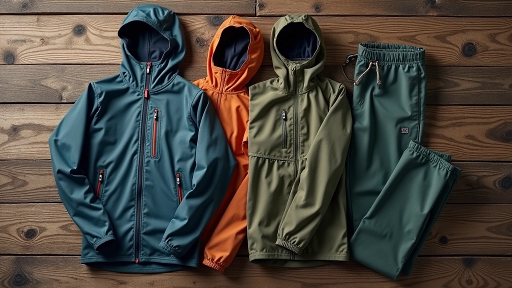 Flat-lay photograph showing hiking clothing layers arranged on a wooden surface: moisture-wicking shirt, fleece, rain jacket, and hiking pants