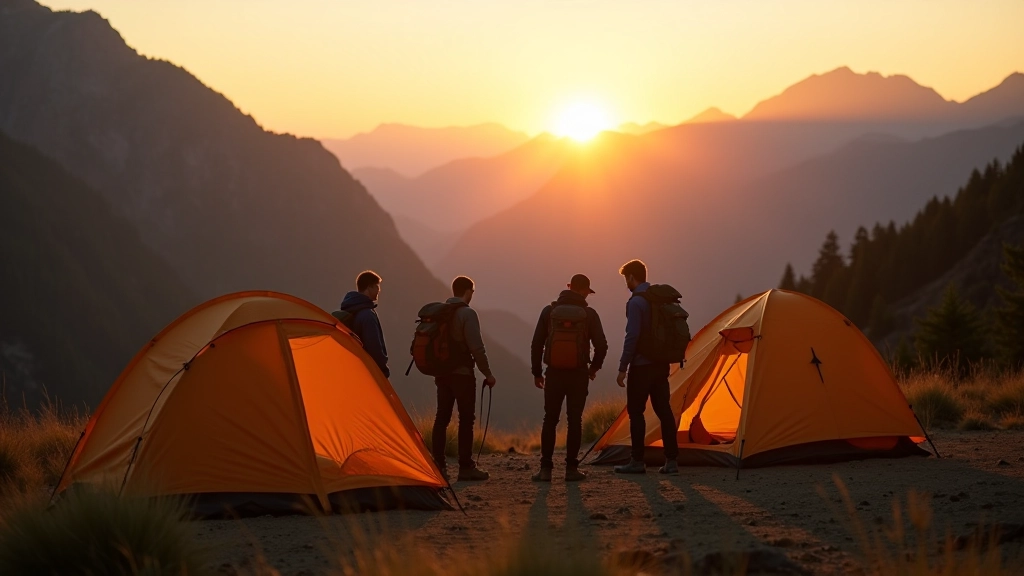 Backpacking group at wilderness campsite with tents and mountains