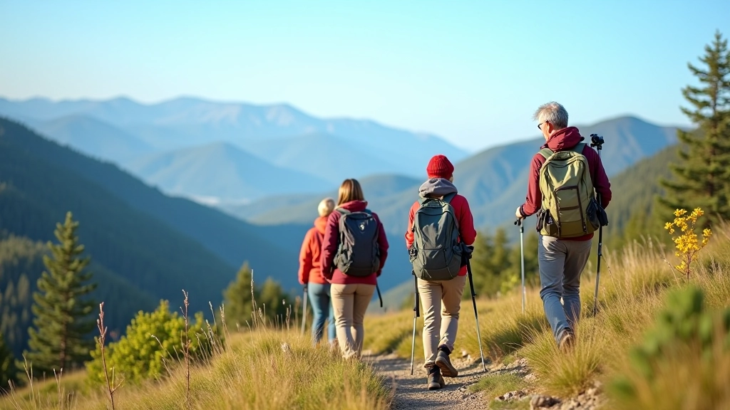 Adults enjoying a guided hiking experience on a scenic mountain trail with forest and valley views