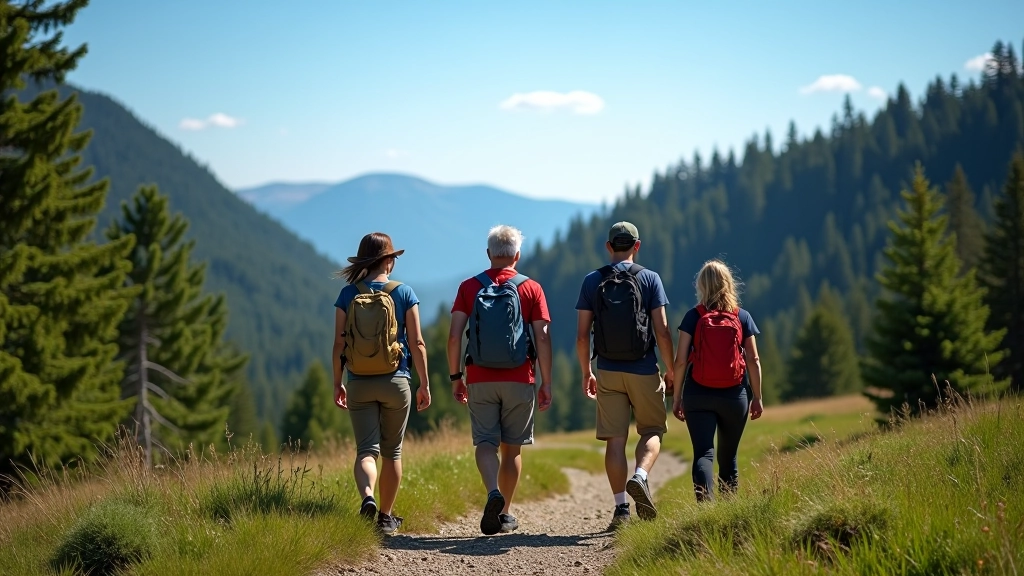 Group of four adults hiking on a mountain trail with forest views and scenic landscape in background