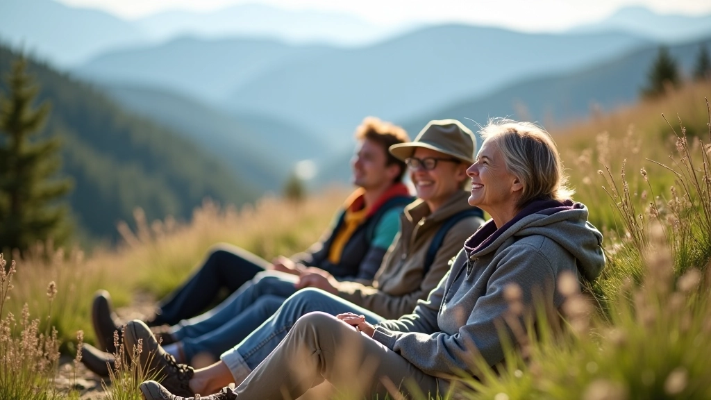 Smiling adults taking a break during a mountain trail hike