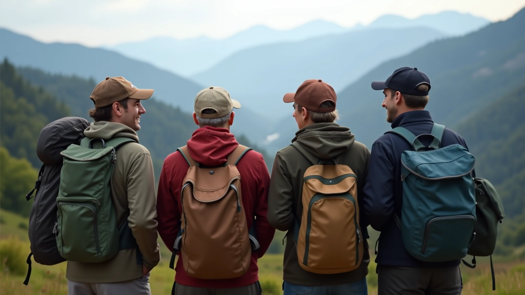 Group of hikers gathered at scenic mountain overlook point with valley views