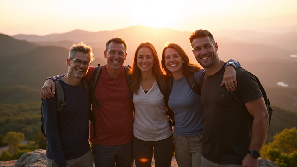 Community of adults celebrating together at a mountain summit with scenic valley views