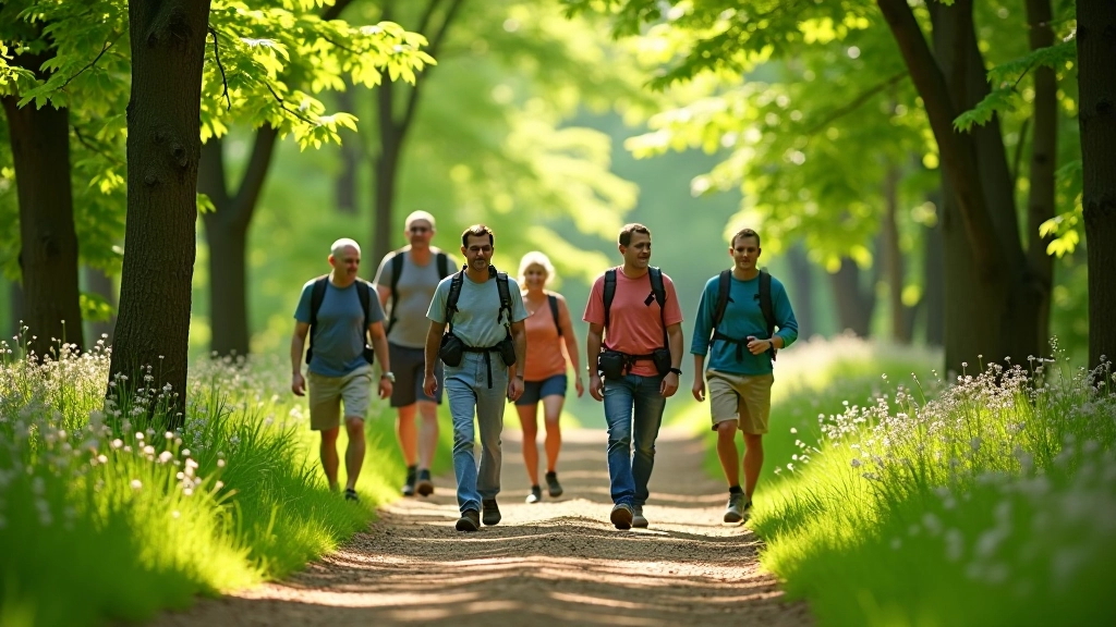 Casual nature walk group on peaceful woodland path