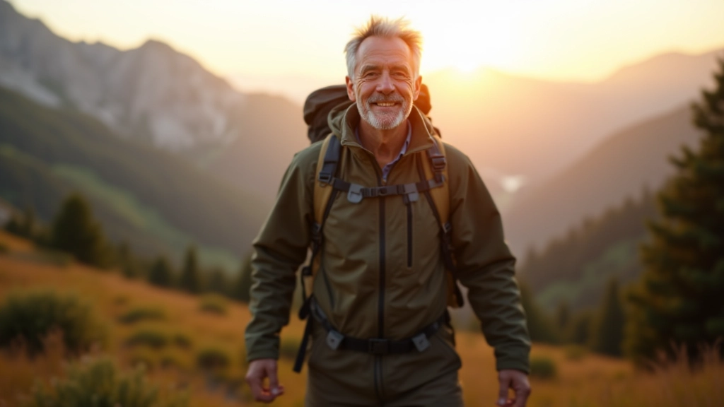 Backpacker with full pack hiking on scenic mountain trail at sunrise