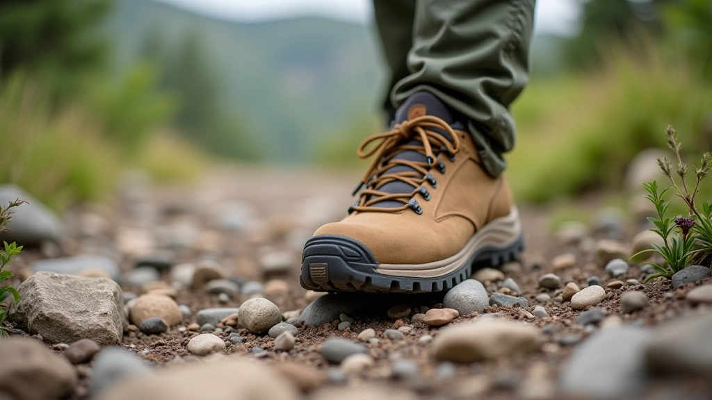 Close-up of hiking boots on a rocky mountain trail showing proper foot placement