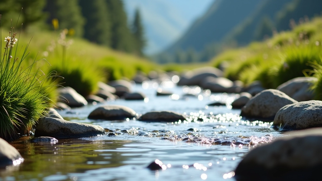 Crystal clear mountain stream flowing through rocky terrain with camping area visible in background