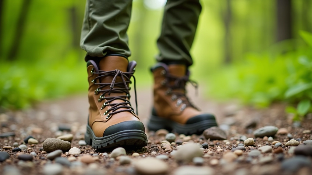 Pair of quality hiking boots on natural outdoor trail surface with rocks and earth