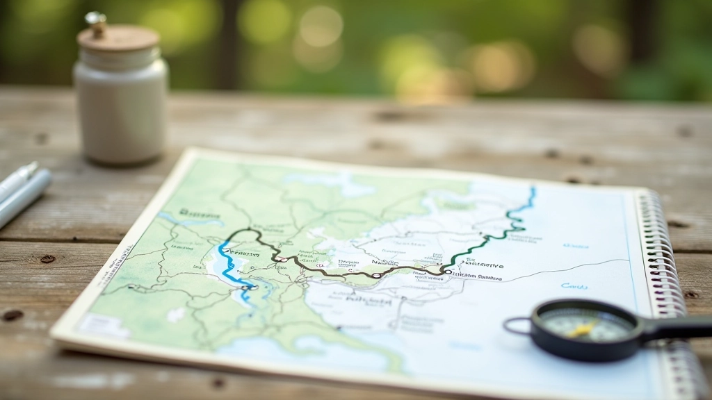 Topographic hiking map with markers and planning notes for backpacking trip route