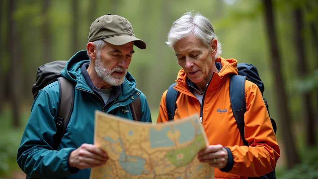 Hikers checking map and discussing trail route, colorful jackets, forest setting