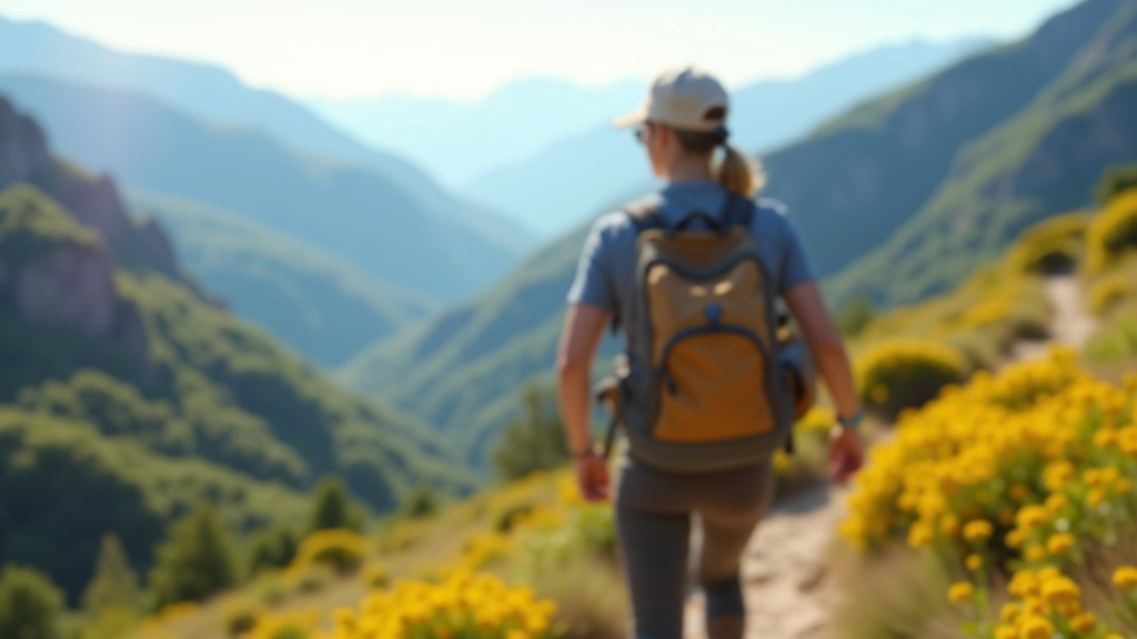 Adult woman hiking uphill on a mountain trail with clear blue sky