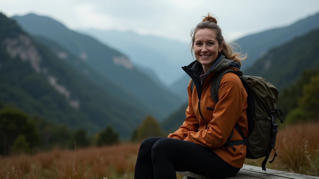 Woman aged 50 sitting on hiking bench taking break, smiling, mountain valley view in background